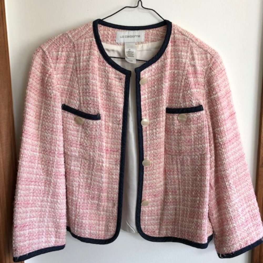 LIZ CLAIBORNE Vintage Nubby Tweed Denim Accent Trim 3/4 Sleeve Jacket …